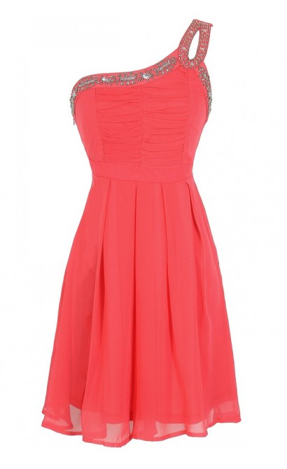 Night Moves Embellished One Shoulder Dress in Coral